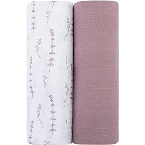 Ely's & Co. Muslin Swaddle Blanket 2-Pack — 100% Cotton Muslin Extra-Large Swaddle Blankets (47” x 47”) Solid + Printed (Delicate Leaves + Solid Lavender)