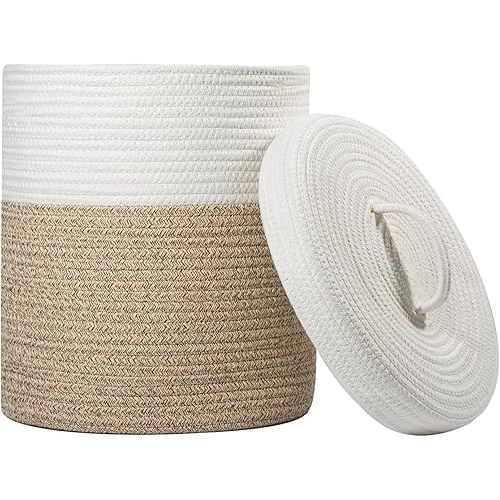 Yimi's Dream Lidded Storage Basket, Medium Cotton Rope Basket with Lid, Small Round Storage Basket for Nursery, Living Room, Kids, Blanket, Toys (12''D * 13.5''H, Brown & White)