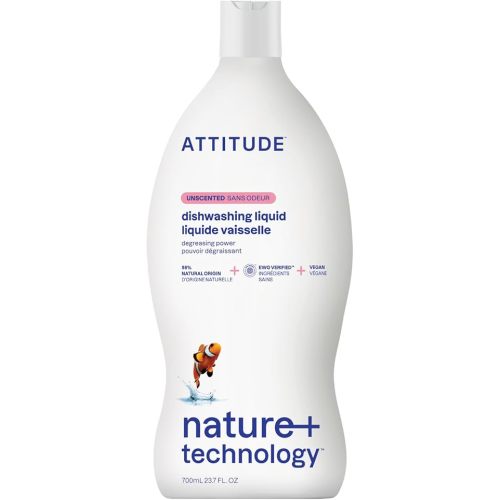 ATTITUDE Dishwashing Liquid, EWG Verified, Vegan Dish Soap, Plant Based, Naturally Derived Products, Unscented, 23.7 Fl Oz