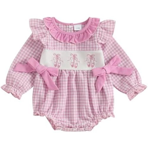 GOOCHEER Newborn Baby Girl Fall Outfit Ballet Shoes Smocked Bubble Romper Plaid Ruffle Long Sleeve Bodysuit Infant Clothes