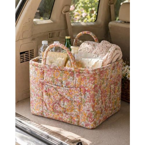 Car Storage Basket Organizer,Large Capacity Foldable Car Storage Bin with Handles & Side Pocket,Premium Quilted Floral Fabric Auto Organizer for Front Seat,Trunk,Groceries & Toys,12.6"x10.2"x9.8" (D)