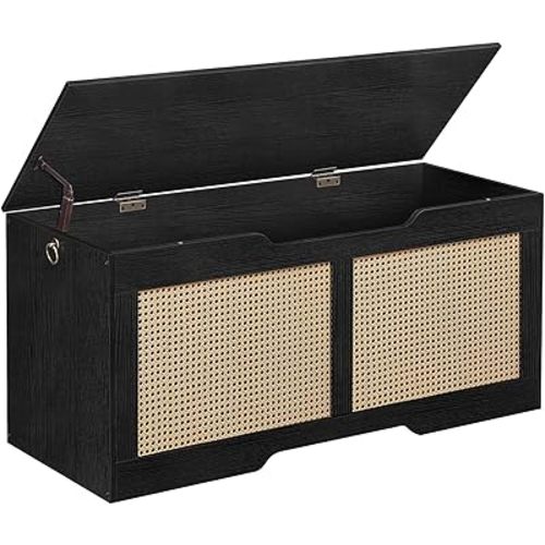 HOOBRO Storage Bench, 43.3" Toy Box, Rattan-Like Storage Chest, Sturdy Entryway Bench Supports 220 lb, Toy Chest, Safety Hinge, U-Shaped Opening, Easy Assembly, Black BB22CW01