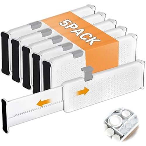 5 Pack Drawer Dividers Plastic 4" High, 11-17" Adjustable Drawer Organizers for Clothes, Expandable Dresser Separators in Bedroom/Bathroom/Kitchen/Vanity/Office Organization and Storage, White