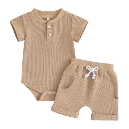 Kuriozud Newborn Baby Boy Summer Clothes Button Short Sleeve Romper Bodysuit Shorts Set Toddler Soft Waffle Outfit