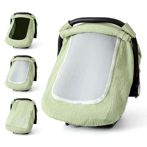 Muslin Cotton Car Seat Cover Baby, Universal Fit Carseat Cover for Baby, Infant Car Seat Cover with Mesh Peep Window, Baby Car Seat Cover for Carrier, Stroller, High Chair, Shopping Cart (Green)