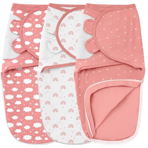 Unnivoll Baby Swaddles for Newborns with Zipper, 100% Cotton Newborn Swaddle Sack, 3 Pack Baby Swaddles 0-3 Months Swaddle Sleep Sack for Newborn Baby Boy Girl White Pink Rainbow