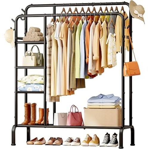 Clothes Rack - Double-Rod Clothing Rack with Built-In Hooks & Shelves, Multi-Functional Wardrobe Closet for Bedroom, Living Room, Entryway, 41.3" x 15.3" x 59.8", Black