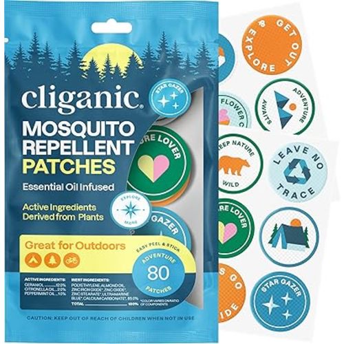 Cliganic Mosquito Repellent Stickers (80 Pack) - Camping Patches for Kids & Adults, Natural DEET-Free, Essential Oil Infused