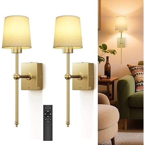 Battery Operated Wall Sconce Set of 2 - Gold Rechargeable 8000mAh Dimmable LED Wall Lights with Remote & Timer, Wireless Wall Lamps for Bedroom, Hallway, Living Room Decor