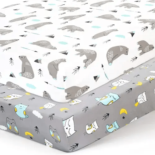 BROLEX Baby Fitted Crib Sheets: Kid Crib Sheets - Set of 2 for Toddler Standard Size Crib Mattress for Boys and Girls - Jersey Knit Crib Bed Sheets Owl Bear
