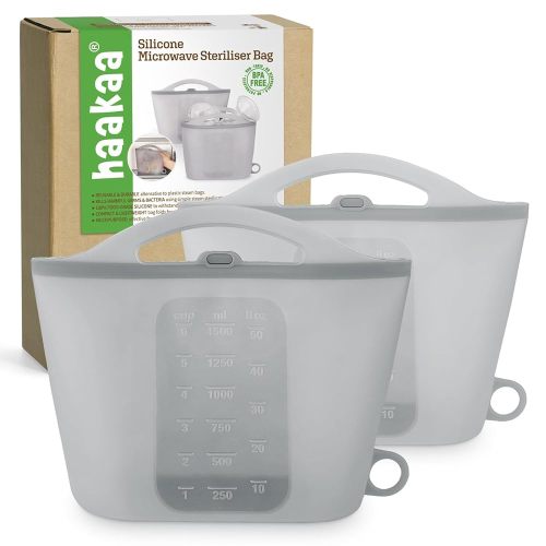 Haakaa Silicone Microwave Steam Sterilizer Bags, Reusable Silicone Steaming Bags for Baby Bottles, Breast Pump, Accessories, Pacifiers and Teethers, Great for Home and Travel, Grey (2PCS)