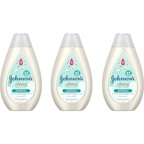 Johnson's CottonTouch Newborn Baby Wash & Shampoo with No More Tears, Sulfate-, Paraben- Free for Sensitive Skin, Made with Real Cotton, Gently Washes Away Dirt & Germs, 13.6 fl. oz, Pack of 3