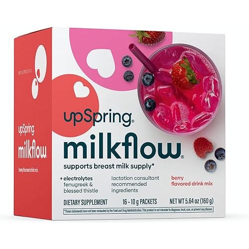 UpSpring Milkflow Electrolyte Breastfeeding Supplement Drink Mix with Fenugreek | Berry Flavor | Lactation Supplement to Support Breast Milk Supply & Restore Electrolytes | 16 Drink Mixes