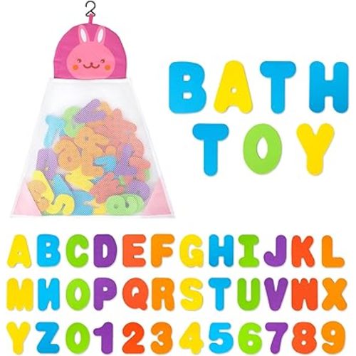Funsland Bath Toys Organizer + 36 Soft Foam ABC 123 Letters & Numbers Bathroom Alphabet Baby Toys for Early Learning Foam Letters and Quick Dry Storage Net Bag for Baby Boys and Girls