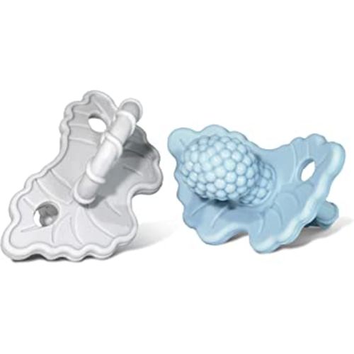 RaZbaby Soft Silicone Infant & Baby Teether, Berrybumps Textured Teething Relief Pacifier 3M+, Soothes Gums, Hands-Free & Easy-to-Hold Fruit-Shaped RaZberry Design, BPA Free, 2-Pack – Blue/Grey