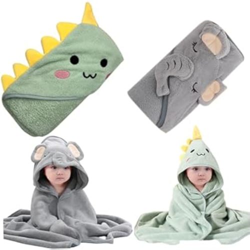 Baby Hooded Towels 2Pcs 32x32'' Soft & Absorbent Kids Bath Towel With Cute Dinosaur Design - Swimming Bathrobe Gifts for Boys Girls Toddlers