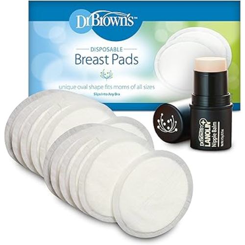 Dr. Brown’s Lanolin + Nipple Balm with Disposable One-Use Absorbent Breast Pads for Breastfeeding and Leaking - 100pk