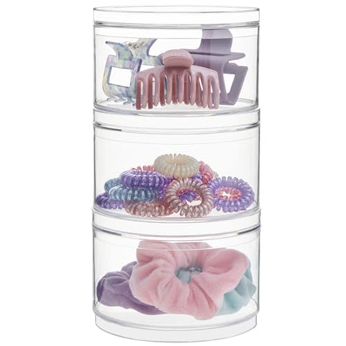STORi Bella Stackable Clear Plastic Container (Set of 3) Round Vanity Storage Organizers with Lids for Hair Accessories & Beauty Supplies | Made in USA