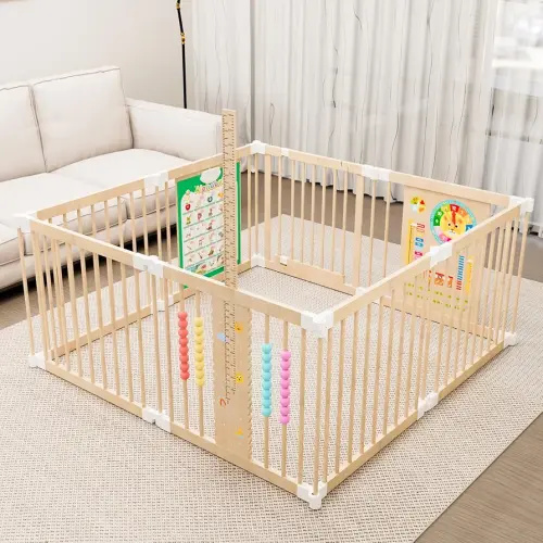 Foldable Wooden Playpen, Baby Wood Play Pen with Sound Book & Height Chart, Toddler Play Area with Educational Panel (Weather, Months, Numbers) for Babies and Toddlers(8-Panel)