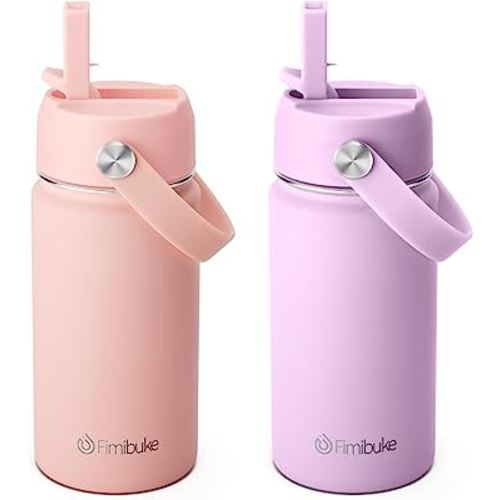 Fimibuke Kids Insulated Water Bottle, 14oz BPA FREE Double Wall Vacuum Tumbler 18/8 Stainless Steel Leak Proof Kids Cups with Straw Metal Water Bottle for School Boys Girls (2 Pack, Milky Pastel)