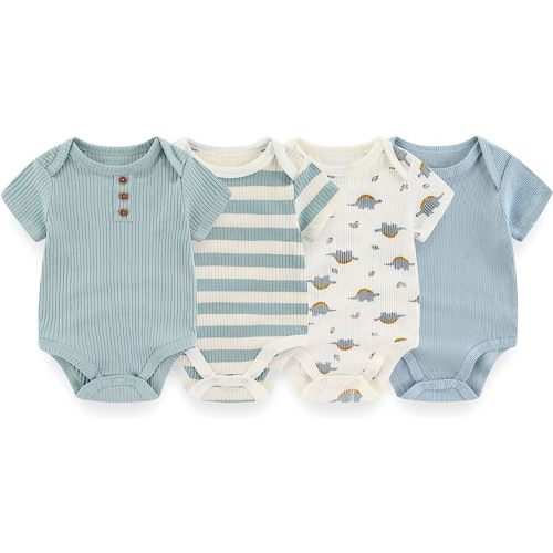 ZAV Solid Unisex Short Sleeve Baby Boy Girl Bodysuits 4-pack Cotton Cartoon Baby Clothes Soft Infant Outfits