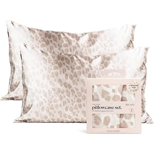 Kitsch Satin Pillowcase with Zipper for Hair & Skin, Softer Than Silk Pillow Cases Queen, Wrinkle-Free, Smooth and Cooling Satin Pillow Covers, Standard Size 19"x26", Leopard, 2pcs