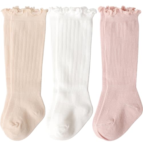 DRESHOW BQUBO Baby Girls Knee High Socks Infants Toddlers Kids Ruffled Socks Uniform Dress Socks Knit Cotton Long Stockings
