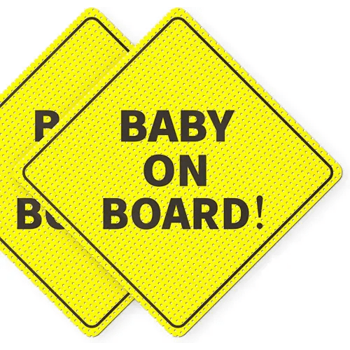 ASSURED SIGNS Baby On Board Signs, Car Essentials - Baby On Board Sticker - 2 Pack, 5" by 5" - Bright Yellow and See-Through When Reversing - Best Safety Signs - Non Magnet - Durable Strong Adhesive