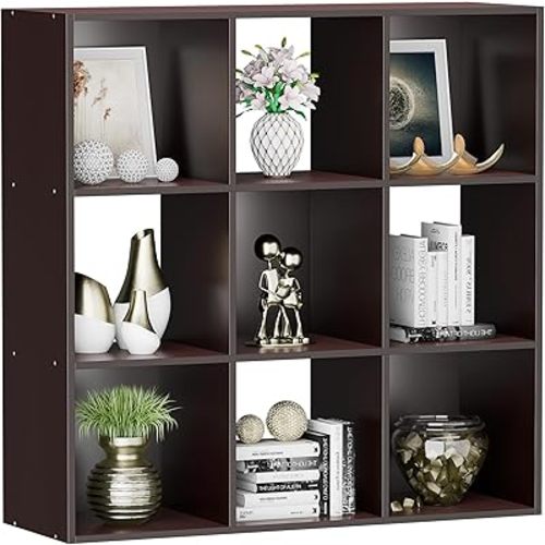 9 Cube Storage Organizer Wooden Display Storage Shelf W/5 Removable Back Panels&11 inch Opening Shelf, Customizable Cubby Bookcase Cabinet Bookshelves for Office, Living Room and Bedroom, Dark Brown