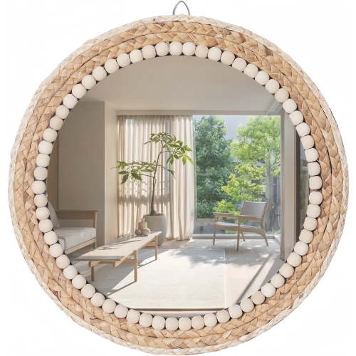 MEHOOM 15" Round Boho Wall Mirror, Rattan Hanging Mirror for Bedroom, Living Room, Farmhouse Decor