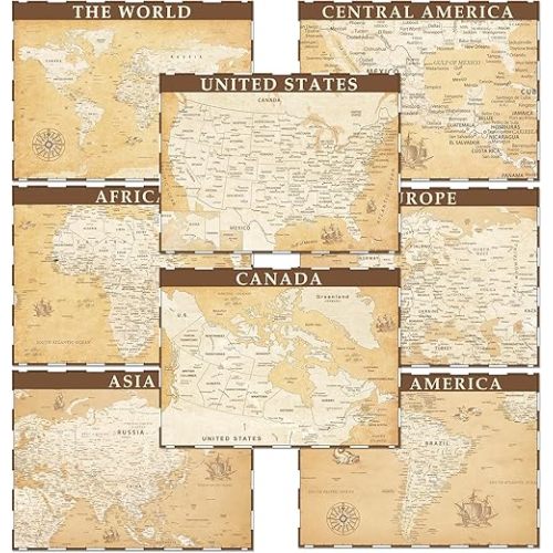 Travel Placemats for Kids Set of 8 Vintage World Map Placemat Retro Non Slip Washable Eat Table Mat USA, Europe, Asia, Africa, South America, Central America, Canada Map for School Dining Table