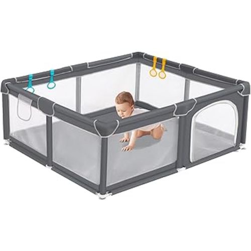 BRIAN & DANY Extra Large Baby Playpen, 59"x71" Play Yard for Babies and Toddlers with Gate, Sturdy Safety Baby Fence with with Basketball Frame, Ocean Balls, Pull Rings and Handbag (Grey)