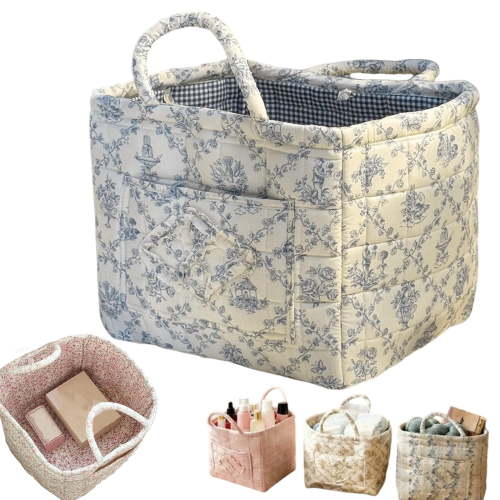 Boho-Chic Quilted Floral Storage Basket, Quilted Car Basket with Handles, Large Capacity Floral Foldable Storage Basket for Home, Travel, Picnic, Shopping, Laundry