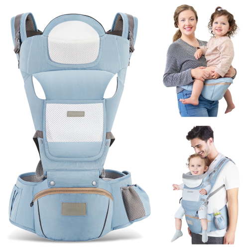 MOONORAH Baby Carrier with Hip Seat, Ergonomic M Position 6 in 1 Baby Wraps Carrier Adjustable Holder Newborn to Toddler with Head Support and Breathable Mesh Blue