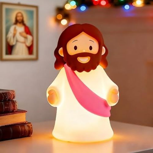 Jesus Night Light Rechargeable Bedside Night Light Dimmable Silicone LED Light Ideal for Religious Gatherings, Gifts for Sunday School, Baptism Presents, Easter Egg Decorations (Pink)