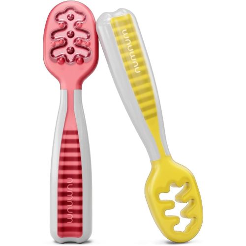 NumNum Baby Spoons Set, Baby Essentials Pre-Spoon GOOtensils for 6+ Months, First Stage Self-Feeding Spoons for Baby Led Weaning (BLW), Silicone Toddler Utensils, BPA-Free, 2 Pack Red/Yellow