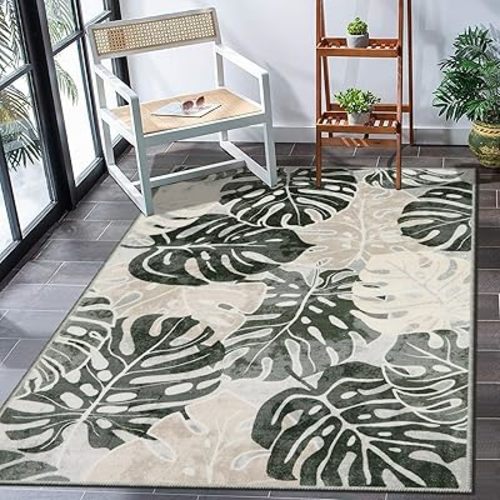 Wonnitar 3x5 Tropical Washable Rug, Monstera Leaf Bathroom Carpet Non-Slip Living Room Throw Rugs, Soft Low Pile Bath Mat Bedside Floor Carpet for Bedroom Laundry Kitchen Decor, Dark Jungle Green