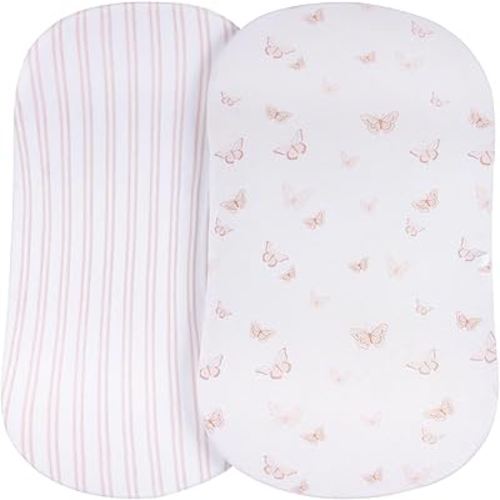 Ely's & Co. Fitted Bassinet Sheet 100% Jersey Cotton 2 Pack for Baby Girl - Pink Butterflies + Stripes