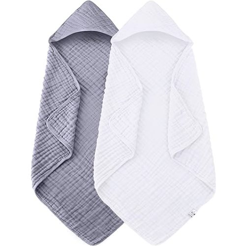 2 Pack Hooded Baby Towels - 100% Muslin Cotton for Newborns, Infants, Toddlers - Large 32x32Inch Size - Highly Absorbent and Essential for Newborn Care, White and Grey