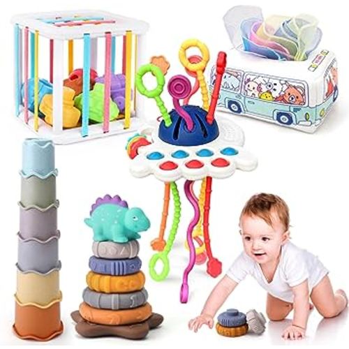5 in 1 Baby Montessori Toys Set Include Shape Sorter Bin with Sound, Baby Tissue Box, Stacking Cups, Pull String Toy, Soft Stacking Rings, Sensory Toys for Infants Toddlers