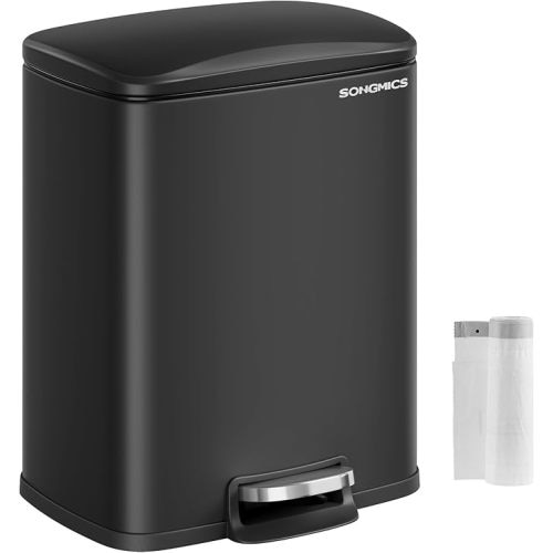 SONGMICS Trash Can, Garbage Can with Lid, 5.2-Gallon (20L) Step Trash Bin for Kitchen, Stainless Steel, Soft Close and Stays Open, Inner Bucket, Includes 15 Trash Bags, Black ULTB543B01