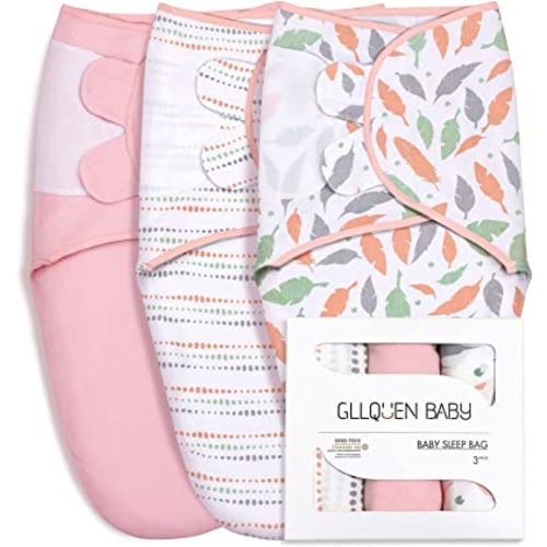 GLLQUEN BABY Swaddle Blankets for Baby Girls, 3-6 Months, Orange Pink Feather & Wave Point, 3 Pack Wrap Set, Newborn Adjustable Swaddles Sleep Sack, (Medium/Large)