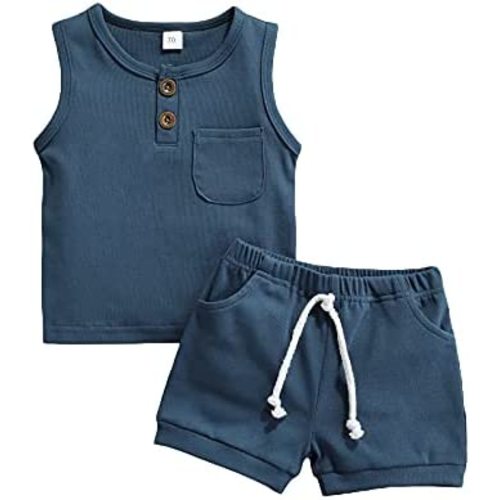 Summer Toddler Baby Boy Girl Clothes Set Unisex Waffle Outfits Solid Short Sleeve Pocket Tops Shorts 2PCS