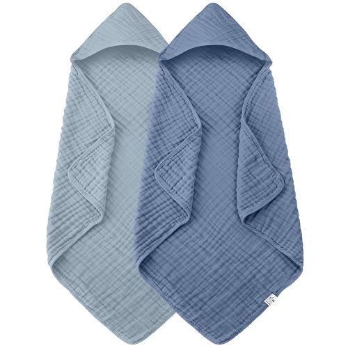 2 Pack Hooded Baby Towels - 100% Muslin Cotton for Newborns, Infants, Toddlers - Large 32x32 Inch Size - Highly Absorbent and Essential for Newborn Care, Light Navy