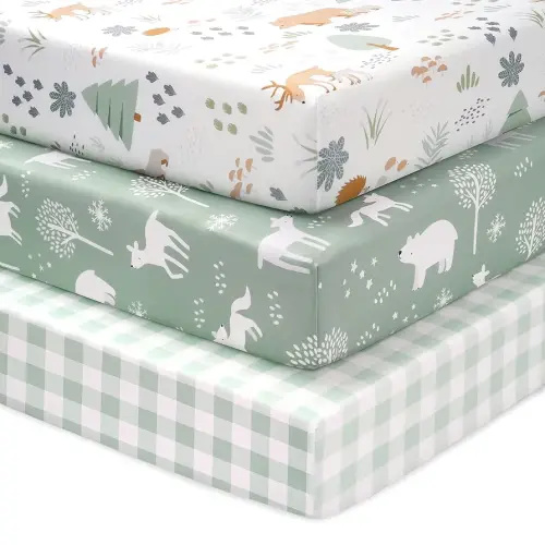 Baby Crib Sheets for Boys and Girls, 3 Pack Fitted Toddler Bed Sheets Neutral for 52”x28” Standard Crib and Toddler Mattresses, Super Soft Microfiber Green Forest Bear