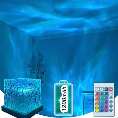 Ocean Wave Projector Light Cordless - Battery Operated Under Water Lamp Cube Northern Lights Aurora Projector Rechargeable Night Light for Shower Bedroom Stress Relief (1200mAh)