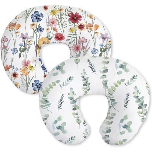 Little Grape Land Nursing Pillow Covers 2 Pack, Soft & Breathable Removable Breastfeeding Pillows Covers for Feeding Pillows, Nursing Pillow Slipcover for Baby Girls Boys, (Leaves & Flowers)