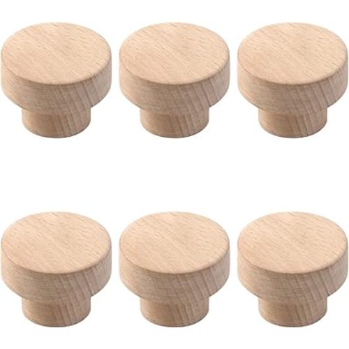 Wealrit 6 Pcs Unfinished Round Wood Cabinet Knobs, Wooden Drawer Knobs with Screws Flat Top Knobs for Dresser Wardrobe Cupboard