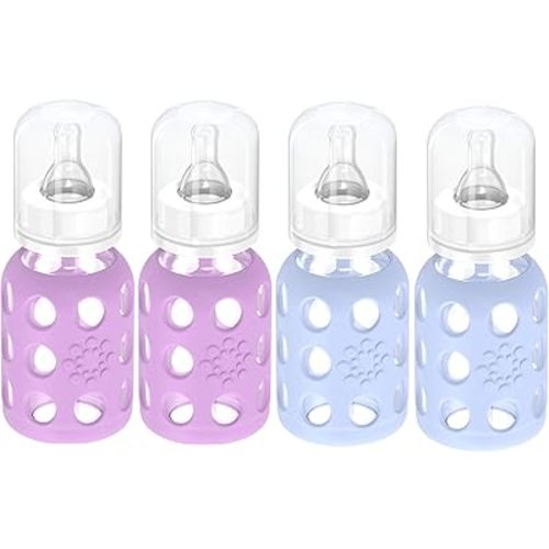 Lifefactory Glass Baby Bottles with Silicone Protection - 4-Pack, 4 oz Each Bottle (2- Blanket & 2- Lavender)