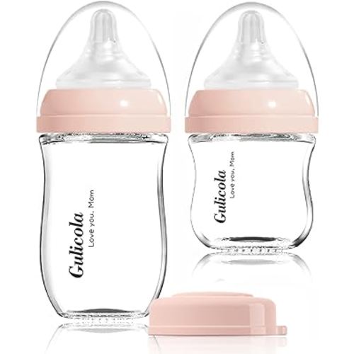 Gulicola Natural Glass Baby Bottle Newborn Set, 3 oz and 5 oz with Extra Slow Flow & Slow Flow Nipple, Anti Colic, 0-3 Months, 2 Pack - Pink